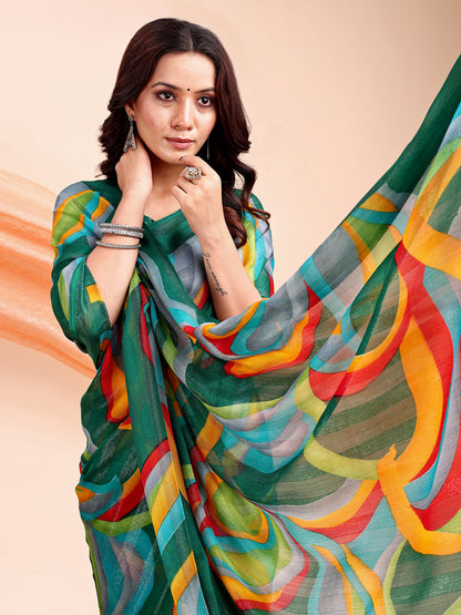Leelavati Printed, Embellished, Embroidered Daily Wear Chiffon Saree (Light Green)