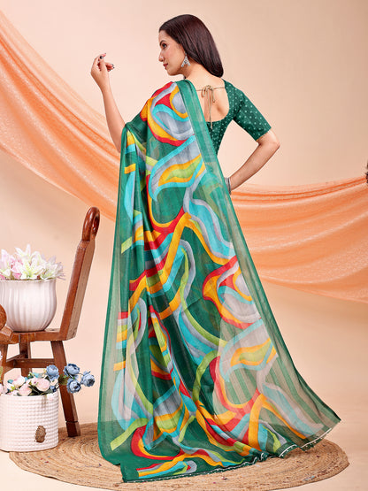 Leelavati Printed, Embellished, Embroidered Daily Wear Chiffon Saree (Light Green)
