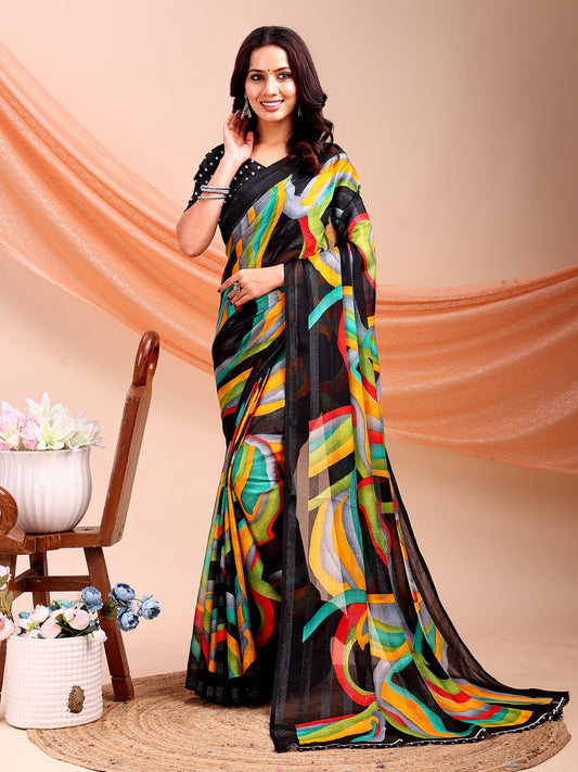 Leelavati Printed, Embellished, Embroidered Daily Wear Chiffon Saree (Black)