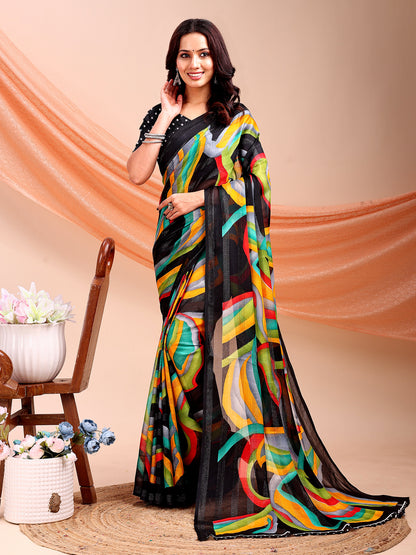 Leelavati Printed, Embellished, Embroidered Daily Wear Chiffon Saree (Black)