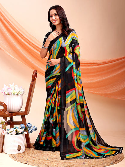 Leelavati Printed, Embellished, Embroidered Daily Wear Chiffon Saree (Black)
