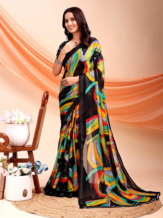 Leelavati Printed, Embellished, Embroidered Daily Wear Chiffon Saree (Black)