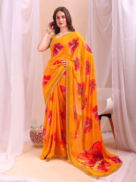 Leelavati Printed, Embellished, Embroidered Daily Wear Chiffon Saree (Yellow)