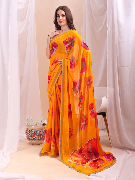 Leelavati Printed, Embellished, Embroidered Daily Wear Chiffon Saree (Yellow)