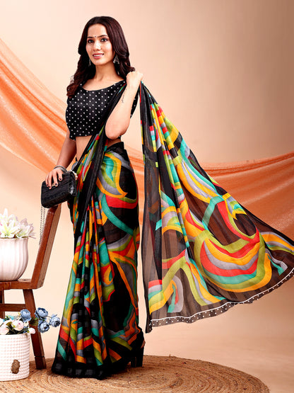 Leelavati Printed, Embellished, Embroidered Daily Wear Chiffon Saree (Black)
