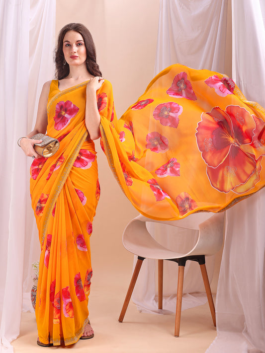 Leelavati Printed, Embellished, Embroidered Daily Wear Chiffon Saree (Yellow)
