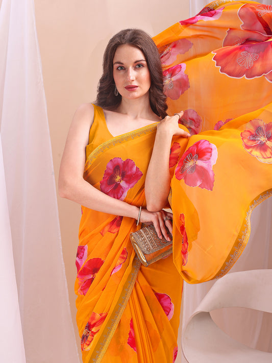 Leelavati Printed, Embellished, Embroidered Daily Wear Chiffon Saree (Yellow)
