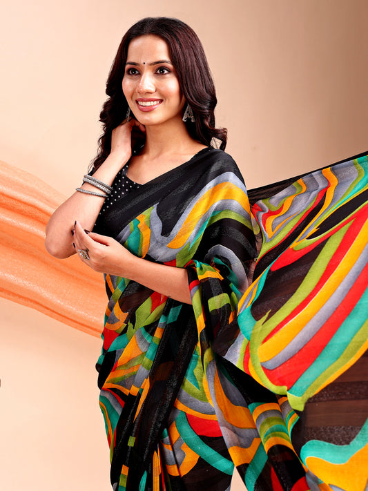 Leelavati Printed, Embellished, Embroidered Daily Wear Chiffon Saree (Black)