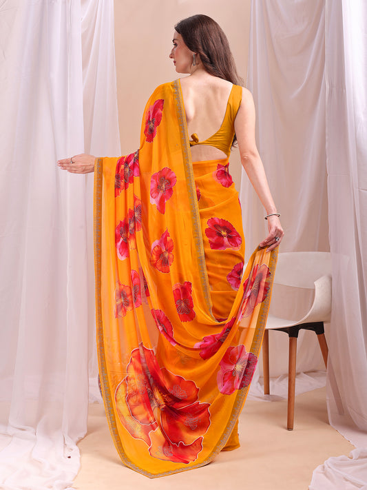 Leelavati Printed, Embellished, Embroidered Daily Wear Chiffon Saree (Yellow)