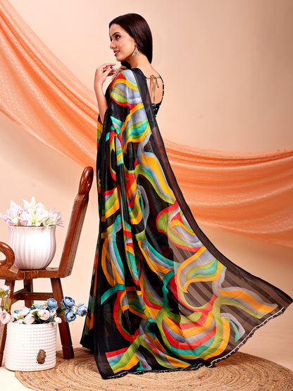 Leelavati Printed, Embellished, Embroidered Daily Wear Chiffon Saree (Black)