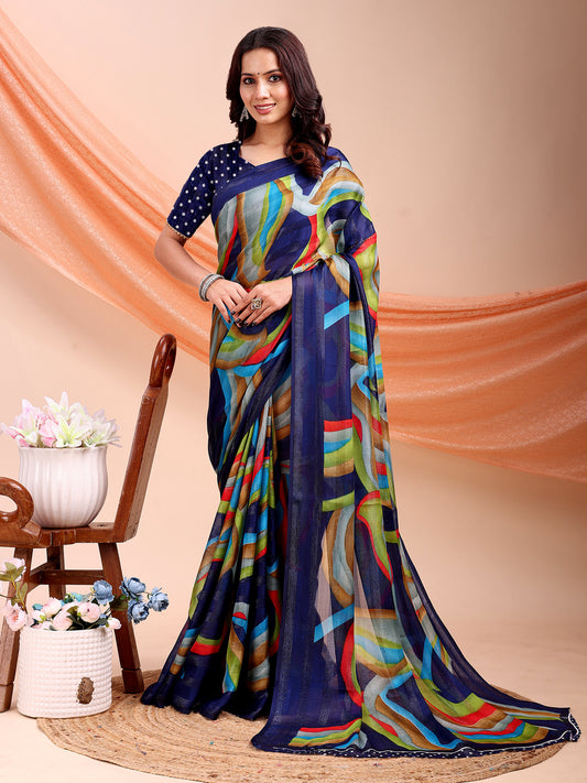 Leelavati Printed, Embellished, Embroidered Daily Wear Chiffon Saree (Dark Blue)