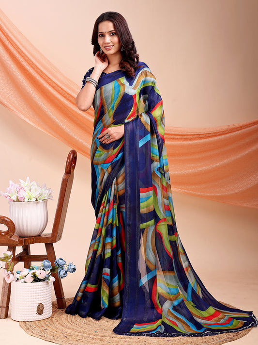 Leelavati Printed, Embellished, Embroidered Daily Wear Chiffon Saree (Dark Blue)