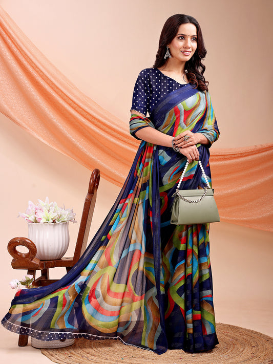 Leelavati Printed, Embellished, Embroidered Daily Wear Chiffon Saree (Dark Blue)