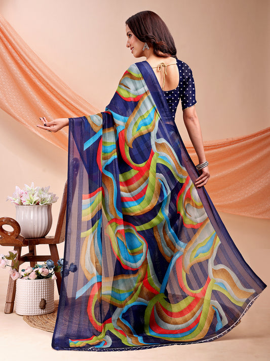 Leelavati Printed, Embellished, Embroidered Daily Wear Chiffon Saree (Dark Blue)