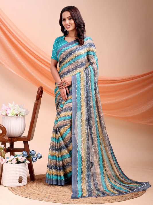 Leelavati Printed, Embellished, Embroidered Daily Wear Chiffon Saree (Light Blue)