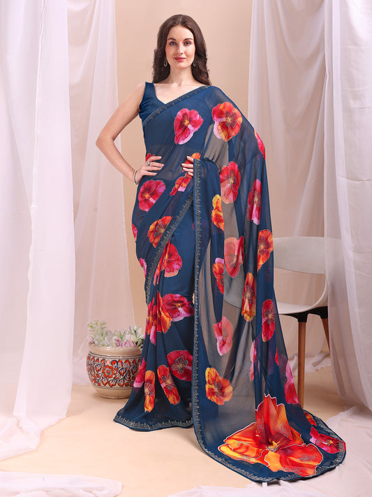 Leelavati Printed, Embellished, Embroidered Daily Wear Chiffon Saree (Dark Blue)