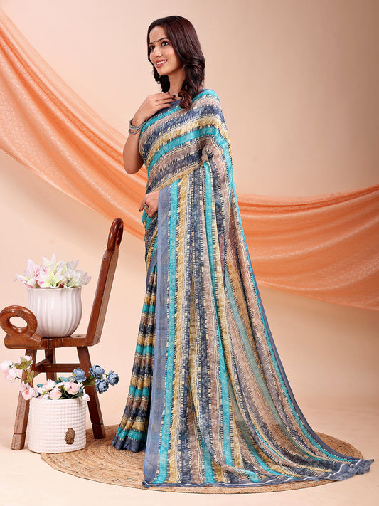 Leelavati Printed, Embellished, Embroidered Daily Wear Chiffon Saree (Light Blue)