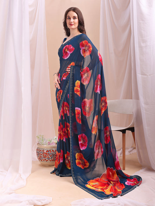 Leelavati Printed, Embellished, Embroidered Daily Wear Chiffon Saree (Dark Blue)