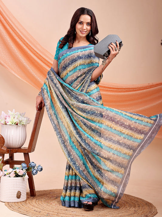 Leelavati Printed, Embellished, Embroidered Daily Wear Chiffon Saree (Light Blue)