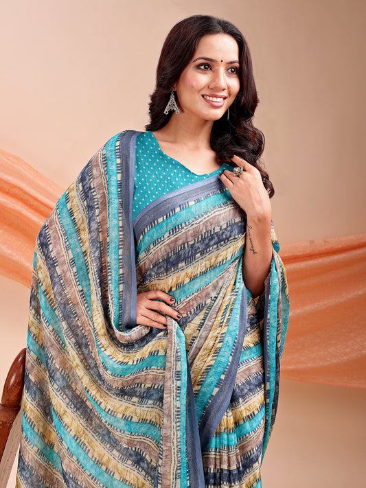 Leelavati Printed, Embellished, Embroidered Daily Wear Chiffon Saree (Light Blue)