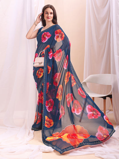 Leelavati Printed, Embellished, Embroidered Daily Wear Chiffon Saree (Dark Blue)
