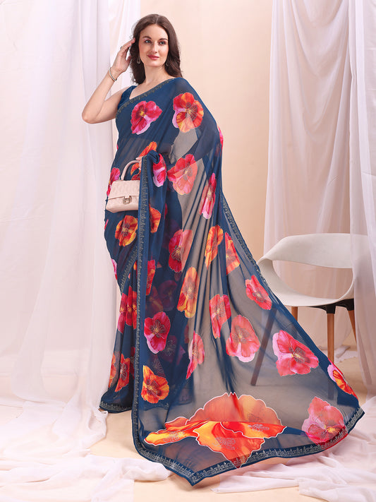 Leelavati Printed, Embellished, Embroidered Daily Wear Chiffon Saree (Dark Blue)