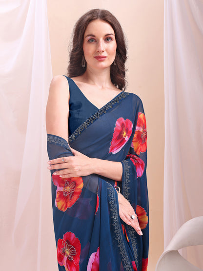 Leelavati Printed, Embellished, Embroidered Daily Wear Chiffon Saree (Dark Blue)