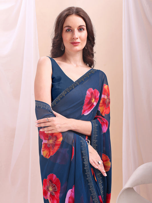 Leelavati Printed, Embellished, Embroidered Daily Wear Chiffon Saree (Dark Blue)