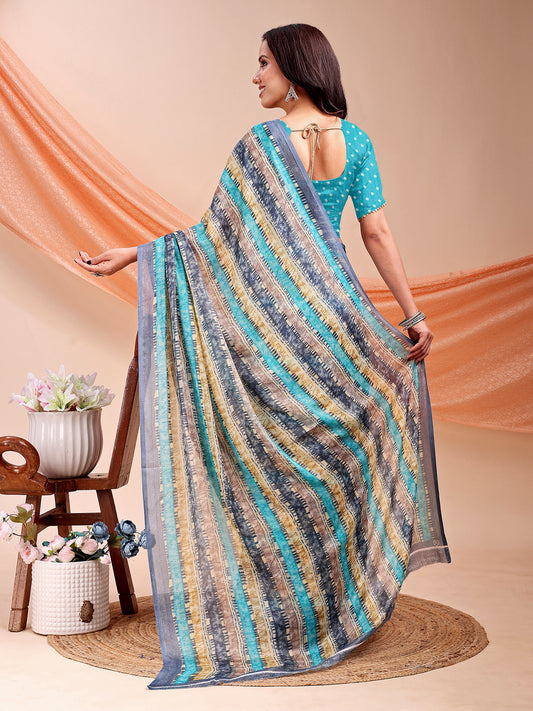 Leelavati Printed, Embellished, Embroidered Daily Wear Chiffon Saree (Light Blue)