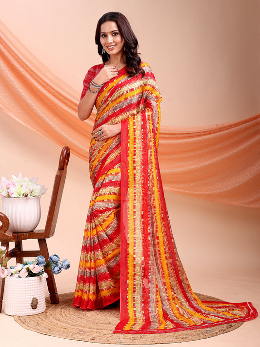 Leelavati Printed, Embellished, Embroidered Daily Wear Chiffon Saree (Red, Multicolor)