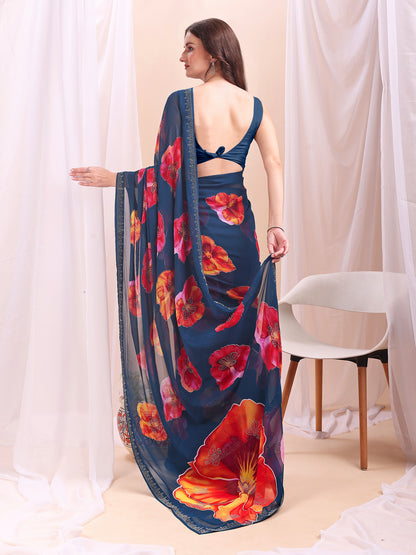 Leelavati Printed, Embellished, Embroidered Daily Wear Chiffon Saree (Dark Blue)