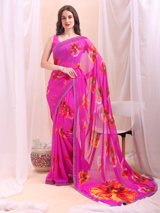 Leelavati Printed, Embellished, Embroidered Daily Wear Chiffon Saree (Pink)
