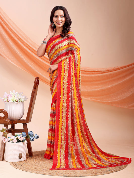 Leelavati Printed, Embellished, Embroidered Daily Wear Chiffon Saree (Red, Multicolor)