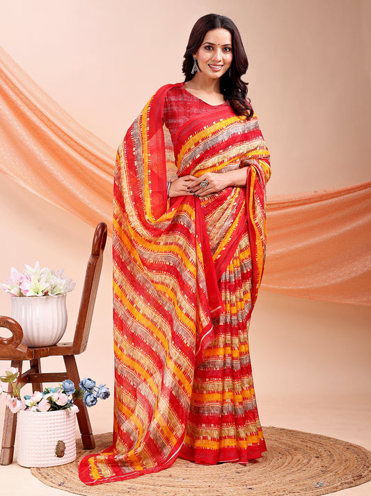 Leelavati Printed, Embellished, Embroidered Daily Wear Chiffon Saree (Red, Multicolor)