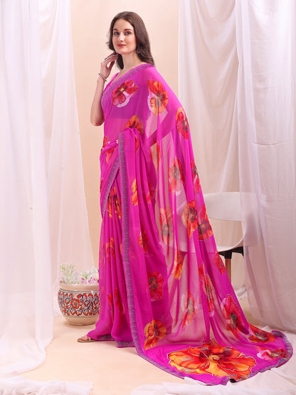 Leelavati Printed, Embellished, Embroidered Daily Wear Chiffon Saree (Pink)