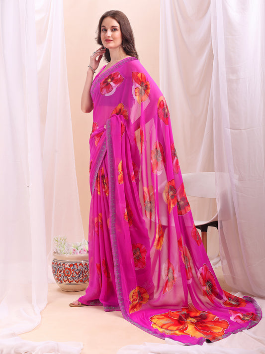 Leelavati Printed, Embellished, Embroidered Daily Wear Chiffon Saree (Pink)