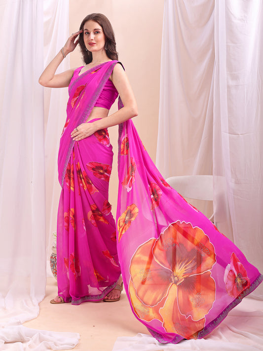 Leelavati Printed, Embellished, Embroidered Daily Wear Chiffon Saree (Pink)
