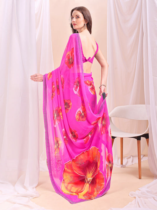 Leelavati Printed, Embellished, Embroidered Daily Wear Chiffon Saree (Pink)