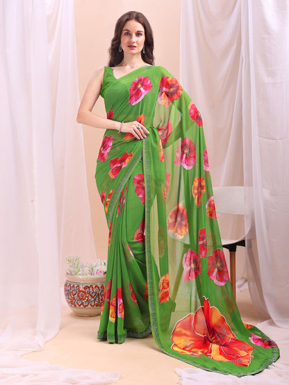 Leelavati Printed, Embellished, Embroidered Daily Wear Chiffon Saree (Light Green)