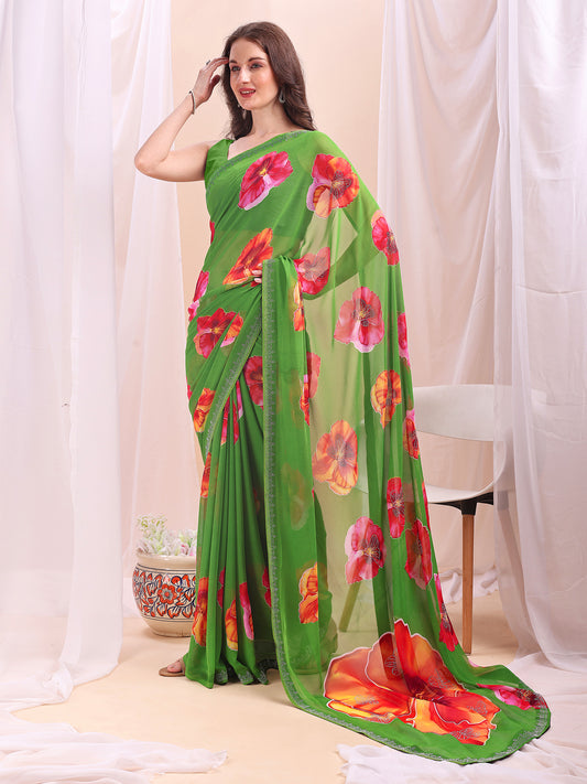 Leelavati Printed, Embellished, Embroidered Daily Wear Chiffon Saree (Light Green)