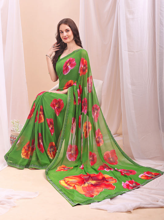 Leelavati Printed, Embellished, Embroidered Daily Wear Chiffon Saree (Light Green)