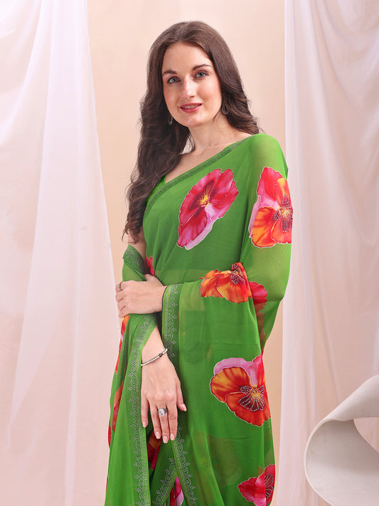 Leelavati Printed, Embellished, Embroidered Daily Wear Chiffon Saree (Light Green)