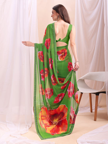 Leelavati Printed, Embellished, Embroidered Daily Wear Chiffon Saree (Light Green)