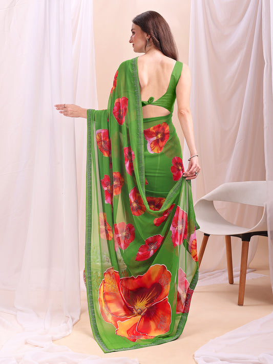 Leelavati Printed, Embellished, Embroidered Daily Wear Chiffon Saree (Light Green)