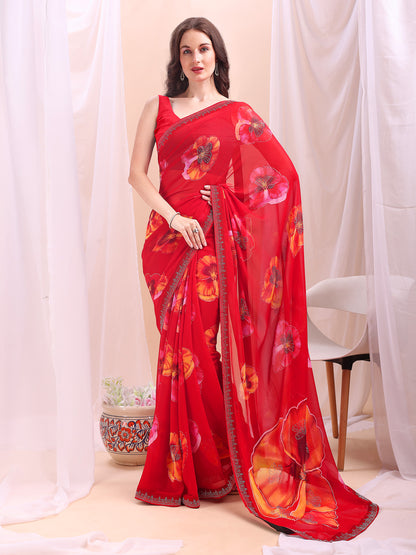 Leelavati Printed, Embellished, Embroidered Daily Wear Chiffon Saree (Red)