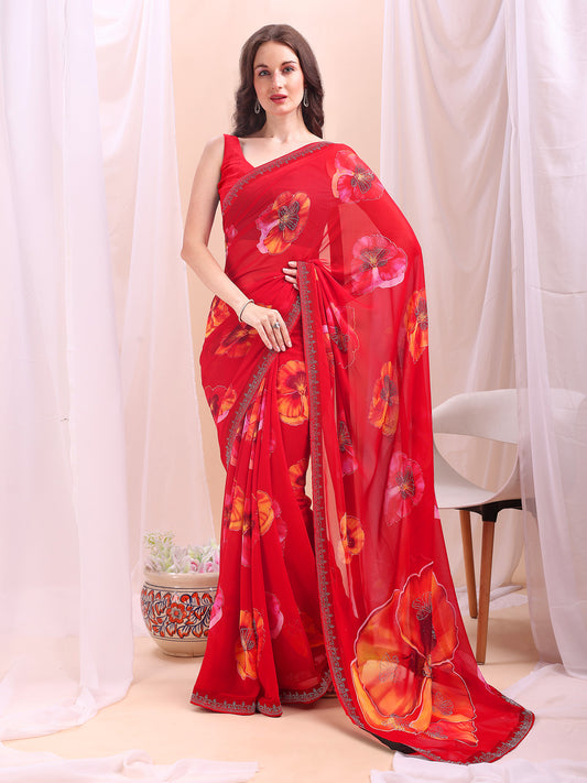 Leelavati Printed, Embellished, Embroidered Daily Wear Chiffon Saree (Red)