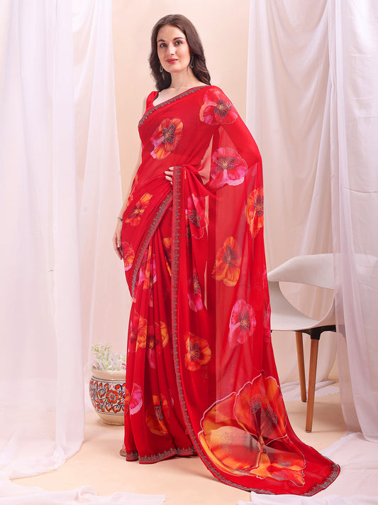 Leelavati Printed, Embellished, Embroidered Daily Wear Chiffon Saree (Red)
