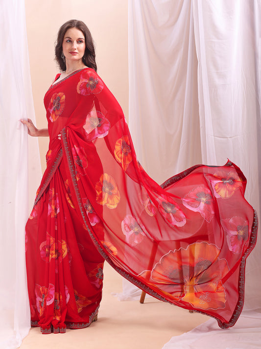 Leelavati Printed, Embellished, Embroidered Daily Wear Chiffon Saree (Red)