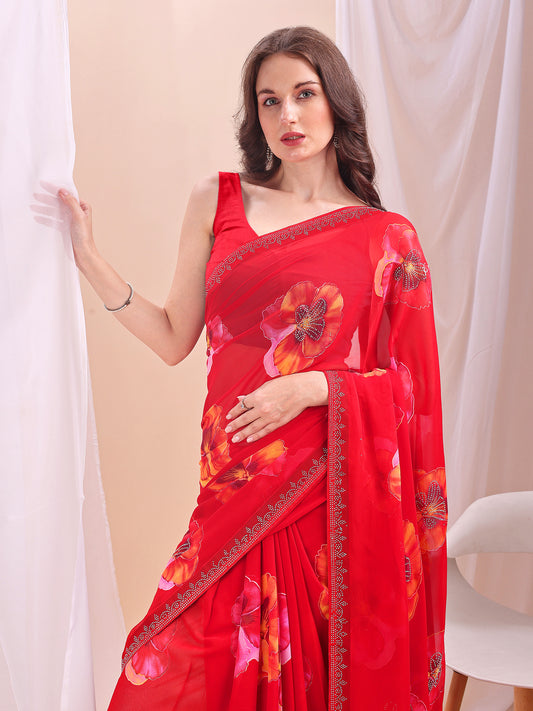 Leelavati Printed, Embellished, Embroidered Daily Wear Chiffon Saree (Red)