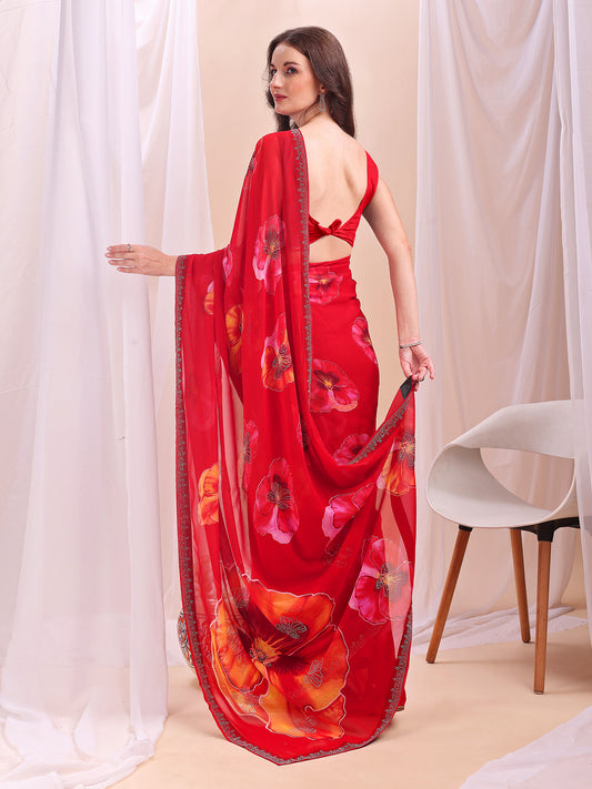 Leelavati Printed, Embellished, Embroidered Daily Wear Chiffon Saree (Red)